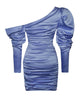 Blue Asymmetrical Puff Sleeve Ruched Satin Dress
