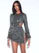 Camille Grey Sequin Long Sleeve Cut Out Slit Dress