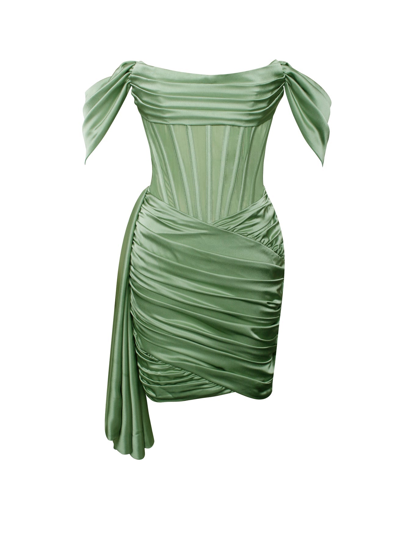 – Boutique Off Shoulder Corset Satin Glam Draping Basil Dress Betty
