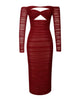 Burgundy Mesh Off Shoulder Cutout Midi Dress