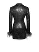 Black Sequin Feather Trim Blazer Dress
