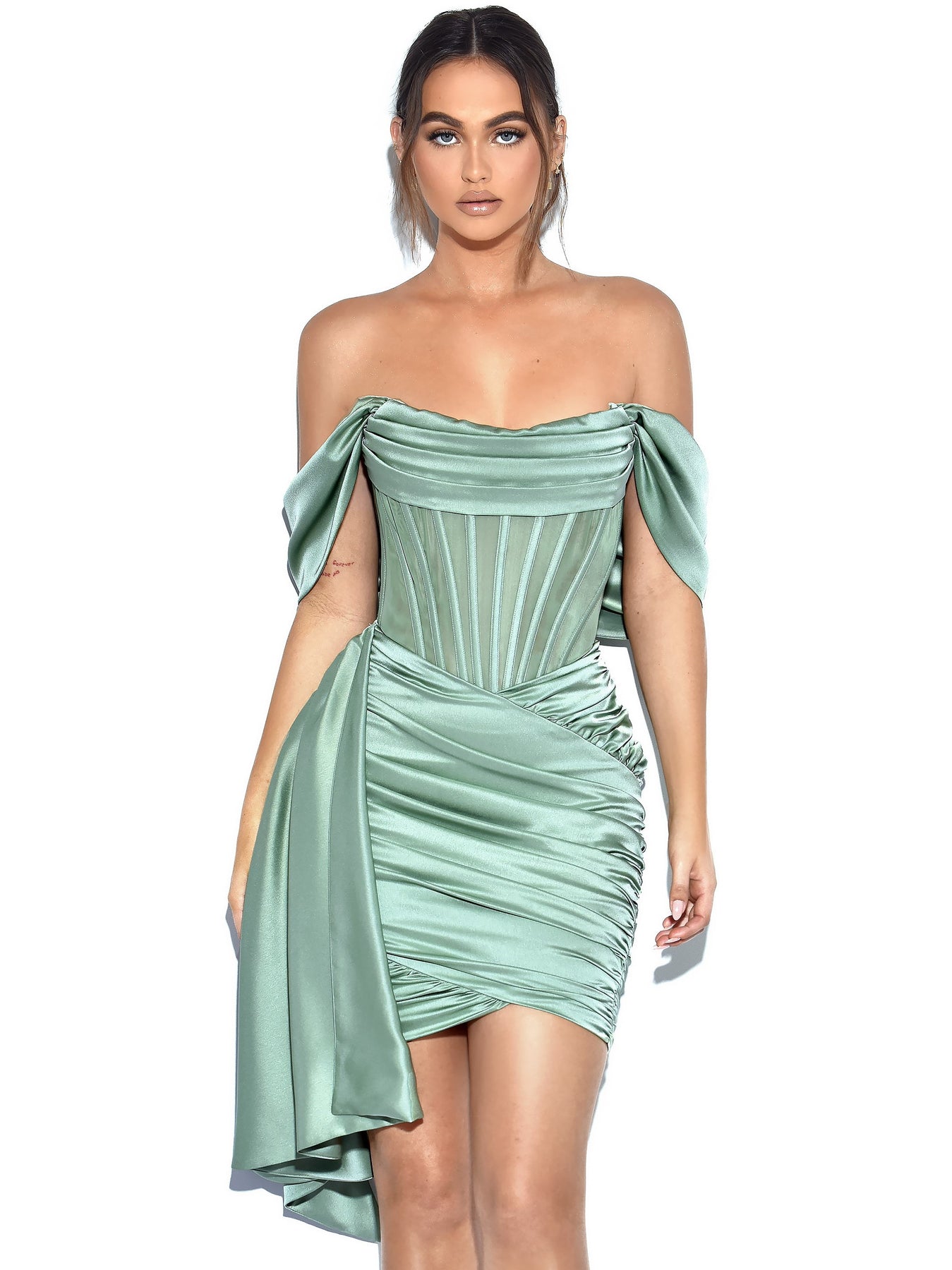 Basil Satin Draping Off Shoulder Corset Dress – Betty Glam Boutique