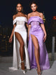 Bruni Lilac Off Shoulder Crystalized Corset Satin Gown