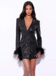 Black Sequin Feather Trim Blazer Dress
