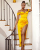 Gianna Yellow Satin Corset Maxi High Slit Dress