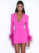 Fucshia Blazer Feather Trim Mini Dress , Wear it to : Lavish hotel lounges and rooftops , romantic date nights , TIFF 2023 , glamorous functions , ladies night , wedding guest , champagne bars , Influencer media events , fashion shows