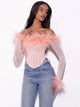 Blush Long Sleeve Mesh Corset Top with Feathers